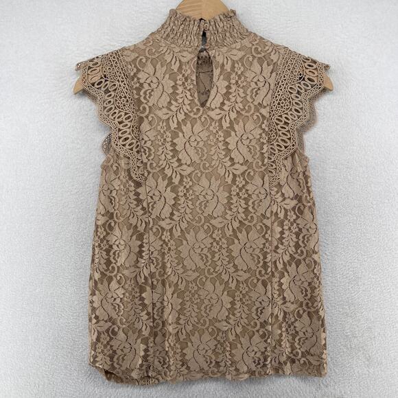 CABLE & GAUGE Tank Top XS Floral Lace Overlay Blouse Mock Neck Brown NEW - Picture 2 of 12